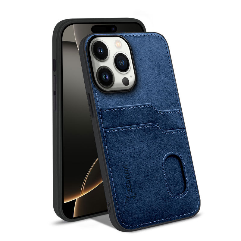 Apple iPhone 13 Pro Max Uyumlu Zebana Kartlıklı Lüx Deri Lacivert