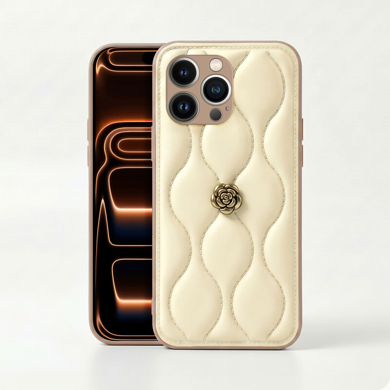 Apple iPhone 14 Pro Max Uyumlu Zebana Camellia Deri Bej Kılıf