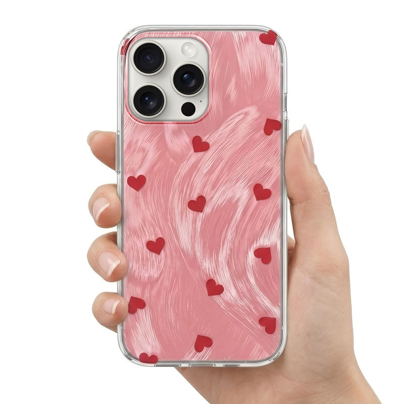 Apple iPhone 16 Pro Max Uyumlu Zebana Pink Heart Silikon Kırmızı Kılıf