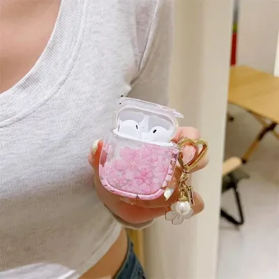 çiçek desenli şeffaf silikon airpods 1/2 kılıfı (aksesuar dahil)